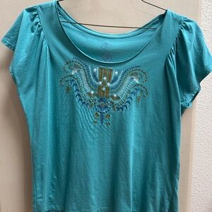 St. John's Bay Women's Blue Embroidered Flutter Short Sleeve V Neck Top Size L
